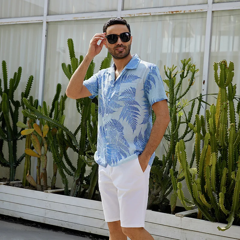 

Summer Men's Casual Loose Hawaiian Beach Vacation Floral Shirt Fashion Lapel Short Sleeve Maple Leaf Printed Shirt
