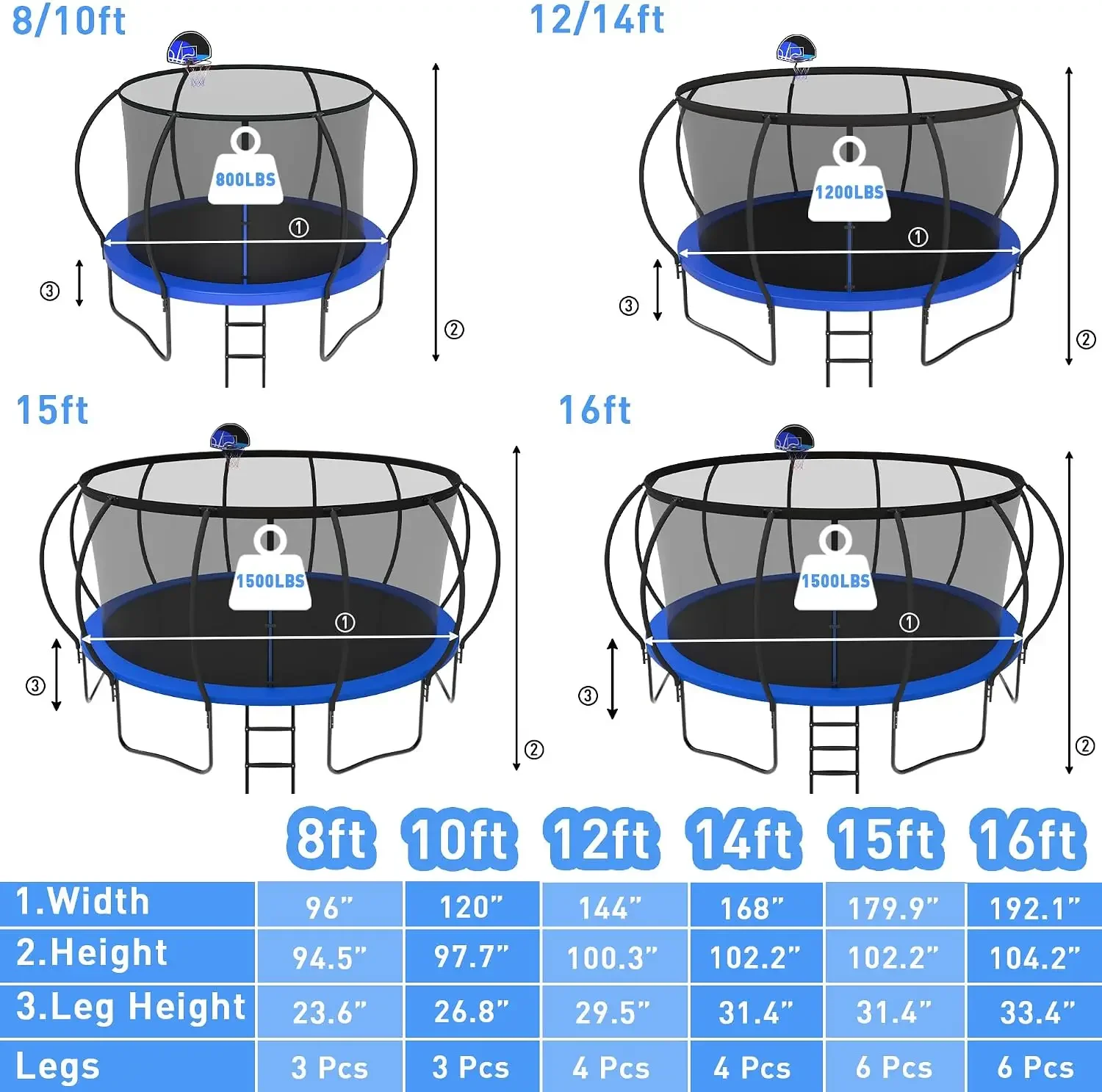 Trampoline Outdoor with Basketball Hoop 16 15 14 12 10 8FT [1800LBS & Anti-Rust Coating & Easy to Install] Recreational