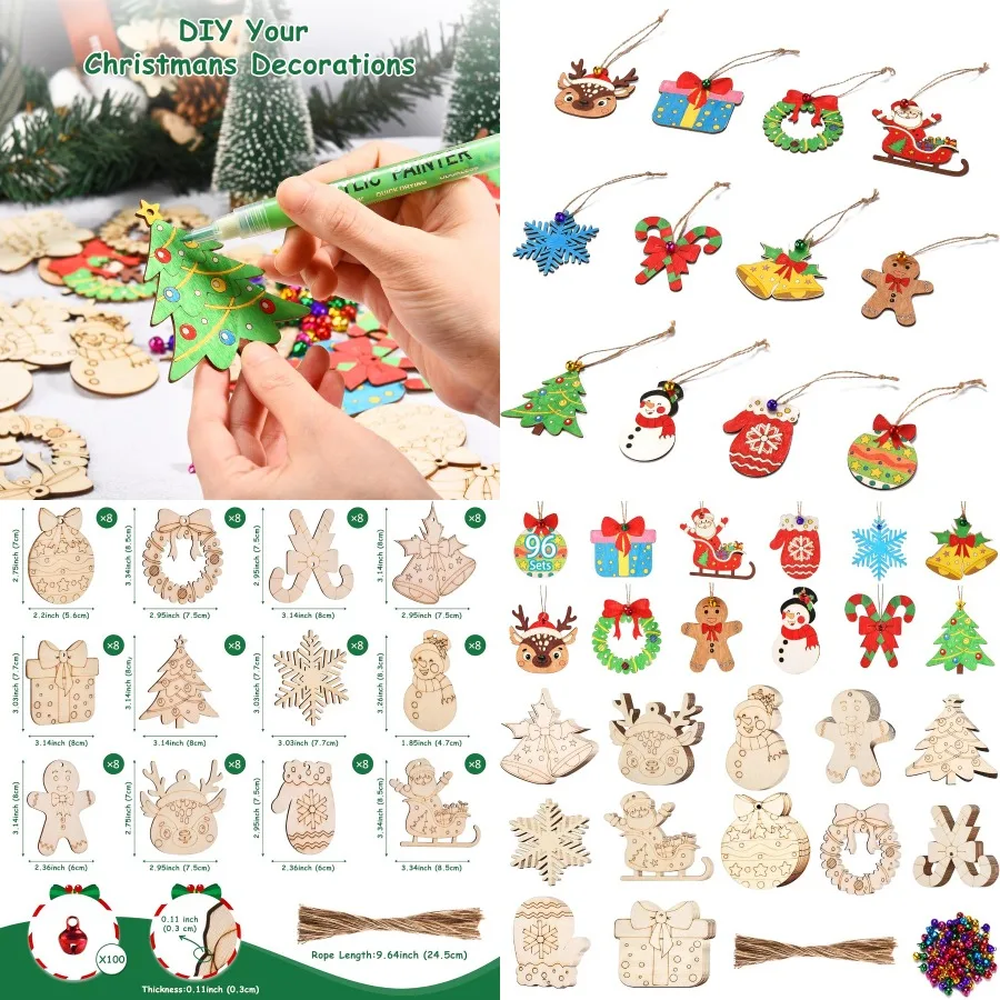 96 Pcs Wooden Christmas Ornaments Unfinished Wood Slices for DIY Art Craft 12 Unique Styles Wooden Christmas Tree Hanging Decor