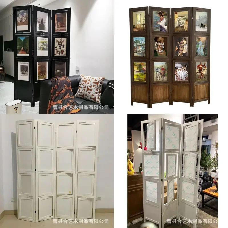 Chinese Retro Solid Wood Folding Screen Room Divider Photo Frame Wall Partition Decor for Living Room Porch Window Background