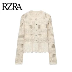 RZRA original 2024 autumn new women's patchwork mesh print knitted French short patchwork knitted sweater jacket