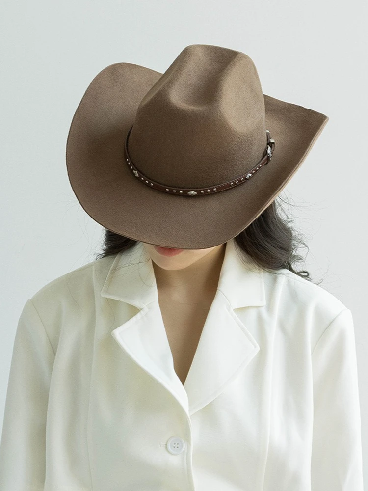USPOP Woll-Cowboyhut mit Nieten, Lederband, breite Krempe, Western-Fedora, Outdoor-Modehut, 4 Größen, für Männer und Frauen