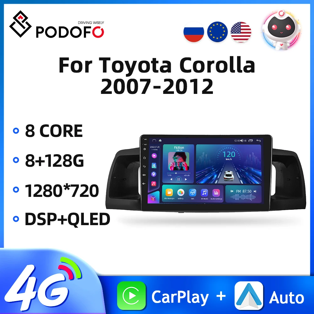 

Автомагнитола Podofo на Android 10 для Toyota Corolla 2007-2012, мультимедийный проигрыватель с GPS-навигацией, DSP, Carplay, 2Din, стерео, RDS