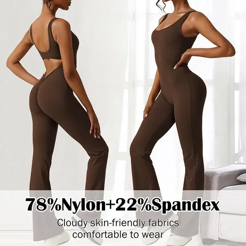 Sexy Seamless Backless Sleeveless Flare Jumpsuits Sport Women Pants Gym Fitness Overalls Push Up Romper Sportswear Monos Muje