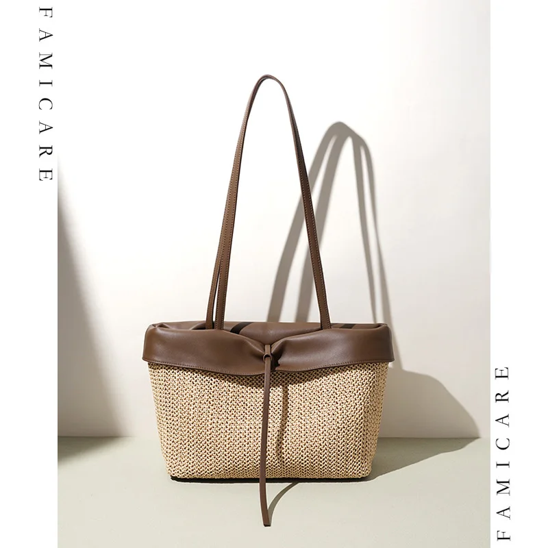 Fashion Women PP Straw Patchwork Genuine Leather Women Handbags Large Capacity Summer Beach Casual Shoulder Bag Lady Woven Bag