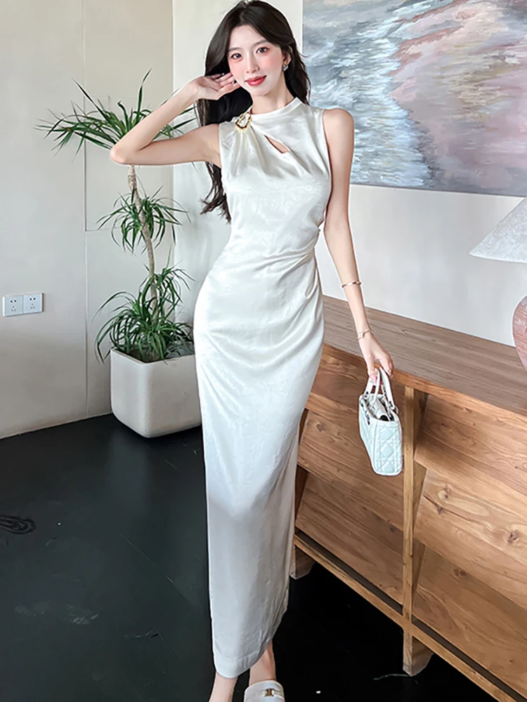 Summer Purple Jacquard Satin Chic Hollow Out Diamonds Dress Women Elegant Luxury Evening Dress 2025 Korean Vintage Party Dresses