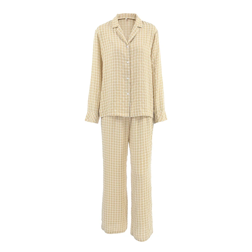 

Hiloc Apricot Casual Plaid V-Neck Long Sleeve Button Blouse Suit Pocket Floor-Length Pants 2 Piece Outfit Woman Home Pajama Sets