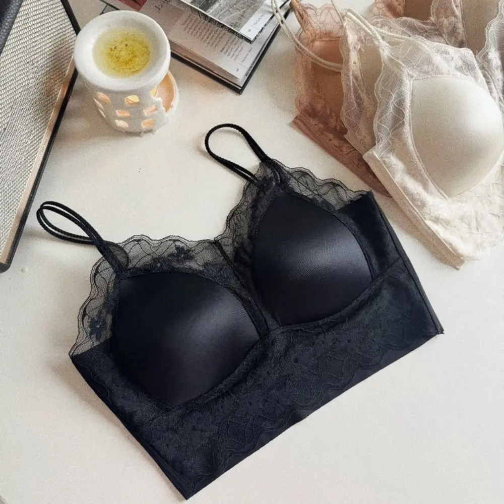 

Comfortable French Style Satin Silk Bra Vest Thin Lace Mesh Wireless Deep V Bras Seamless Underwear Women Brassiere Women