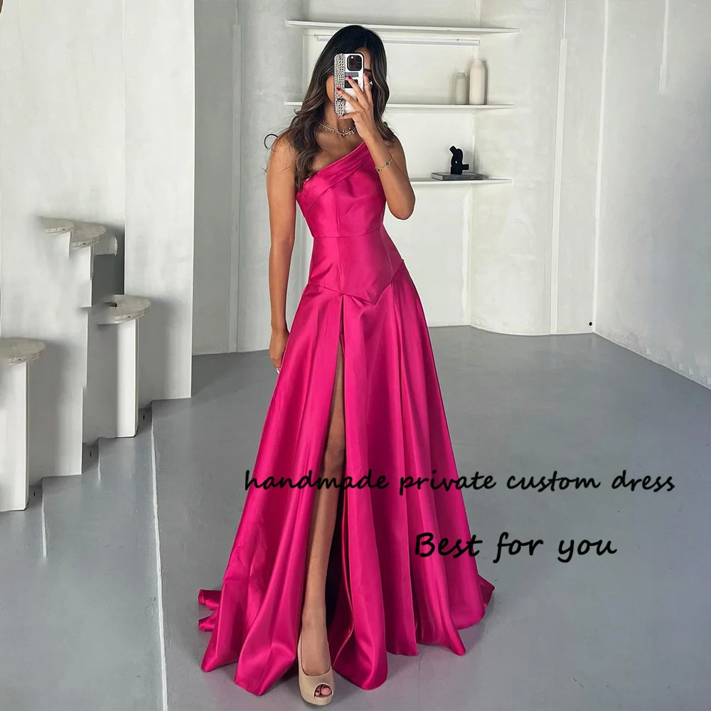 

Fuchisa Satin One Shoulder Evening Dresses with Slit A Line Floor Length Arabian Dubai Formal Prom Dress 2024 Celebrate Gowns