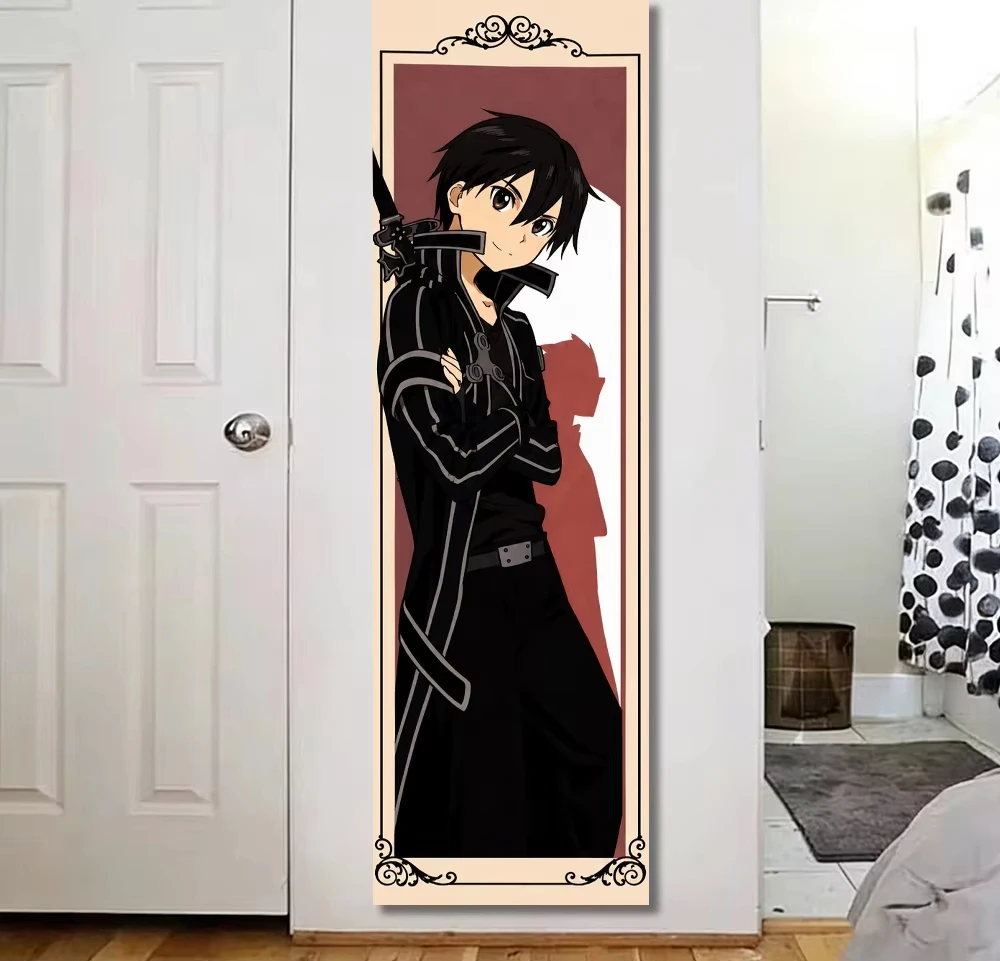 Sword Art Online Kirito Vertical Long Anime Tapestry Ornate Frame Character Wall Hanging Cloth Poster for Bedroom Dorm Home Wall
