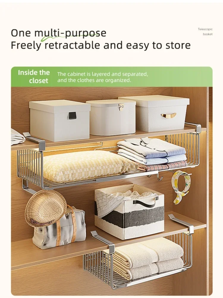

Stainless Steel Retractable Hanging Basket Kitchen Cabinet Desktop Sundries Hanger Hooks Layered Suspension Increase Space Rack