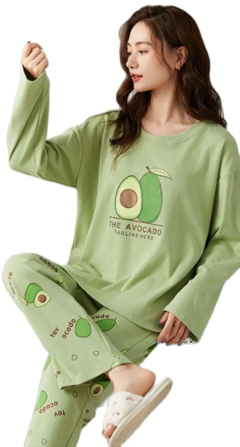 Women's Homewear Long Sleeved Pants Set Could Be Worn Externally Cartoon Style Avocado Pattern Print Soft Green And Yellow