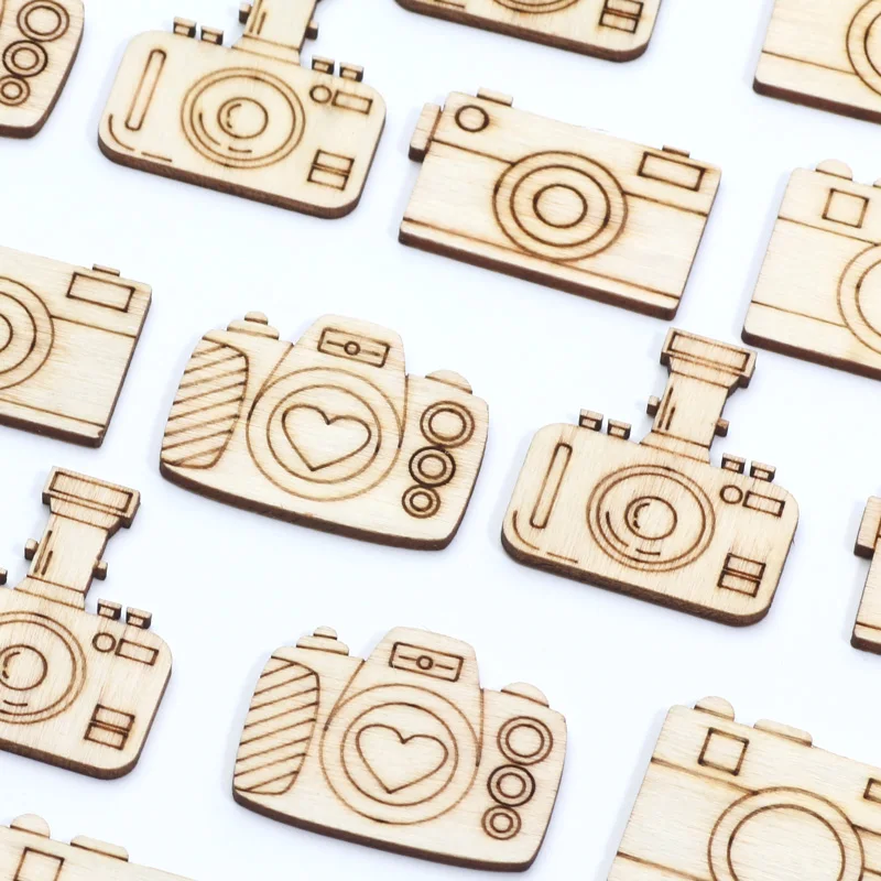 20pcs Mixed Camera Wooden Slices Handmade Embellishments Scrapbooking Gift Unfinished Wood Home Decoration DIY Craft Supplies