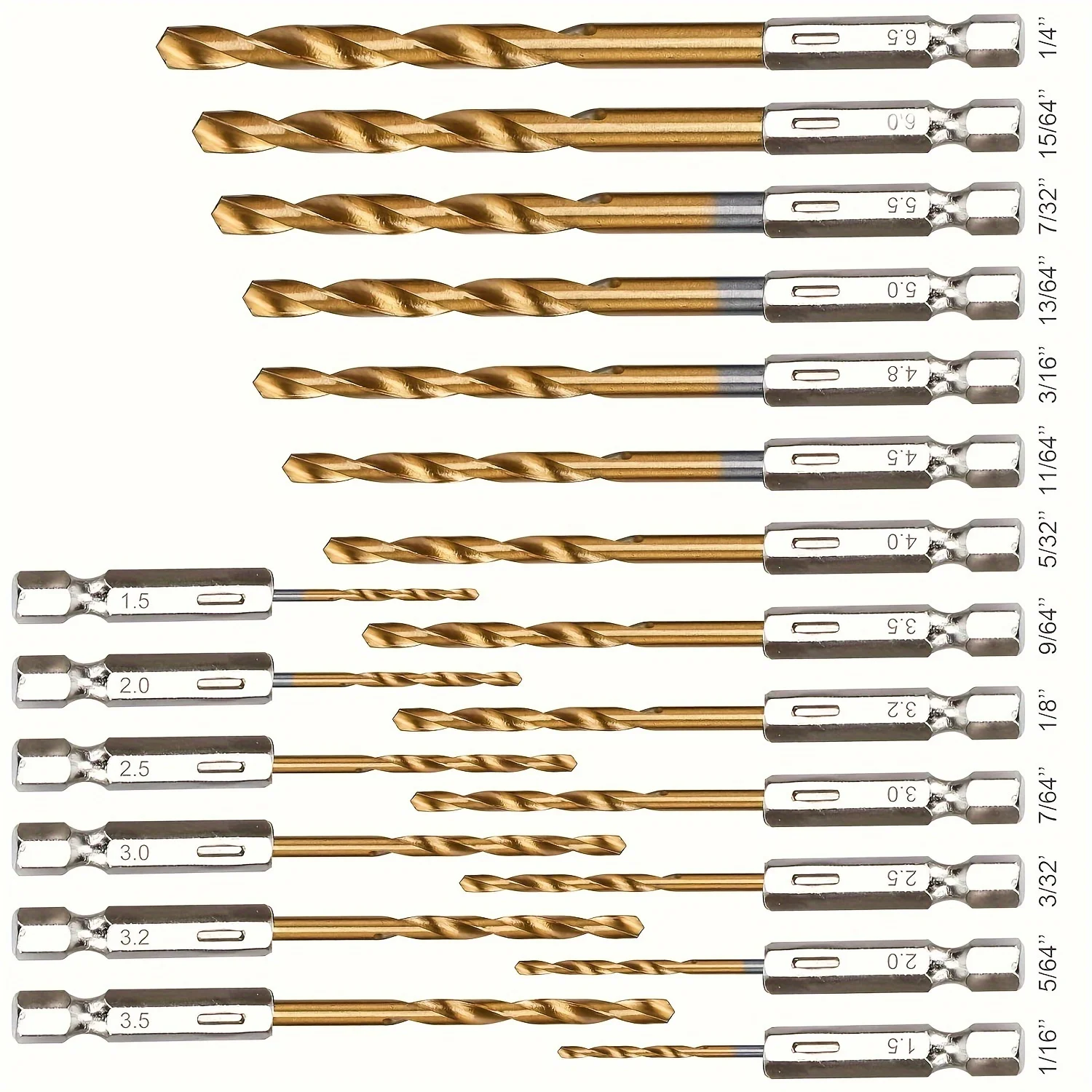 19pcs Titanium-Coated Drill Bit Set with 135° Tip, Hex Shank for Wood, Soft Metal & Plastic (1/16"-1/4") - Quick Change
