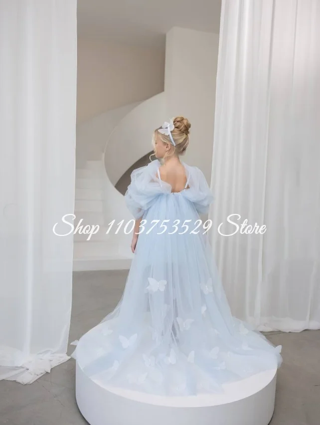 Customized Sky-Blue Sweet Flower Girl Dress 3D Butterfly Tulle Train Children's Birthday Dress Children's Bridesmaid Dress 2026