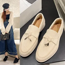 2024 Popular Suede Flat Shoes Women Slip On Loafers Leather Fringe Decor Causal Shoes Summer Walk Mules Spring Women Sneakers