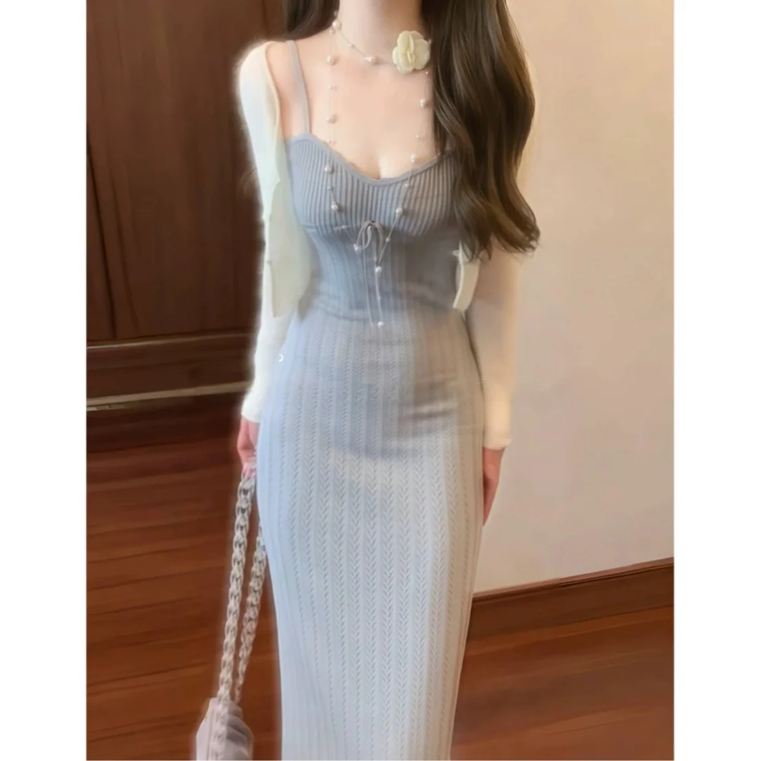 

Pure Desire Sexy Knitted Wrap Dr Women's Autumn 2024 New Open Cardigan Long Skirt Set Faionable Two-Piece Suit Ensemble