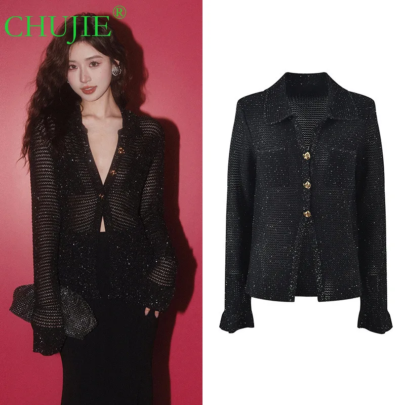 

CHUJIE 2025 Spring Autumn New French Style Knitted Cardigan Classic Black Ribbed Knit Small Sequin Collar Exquisite Buttons