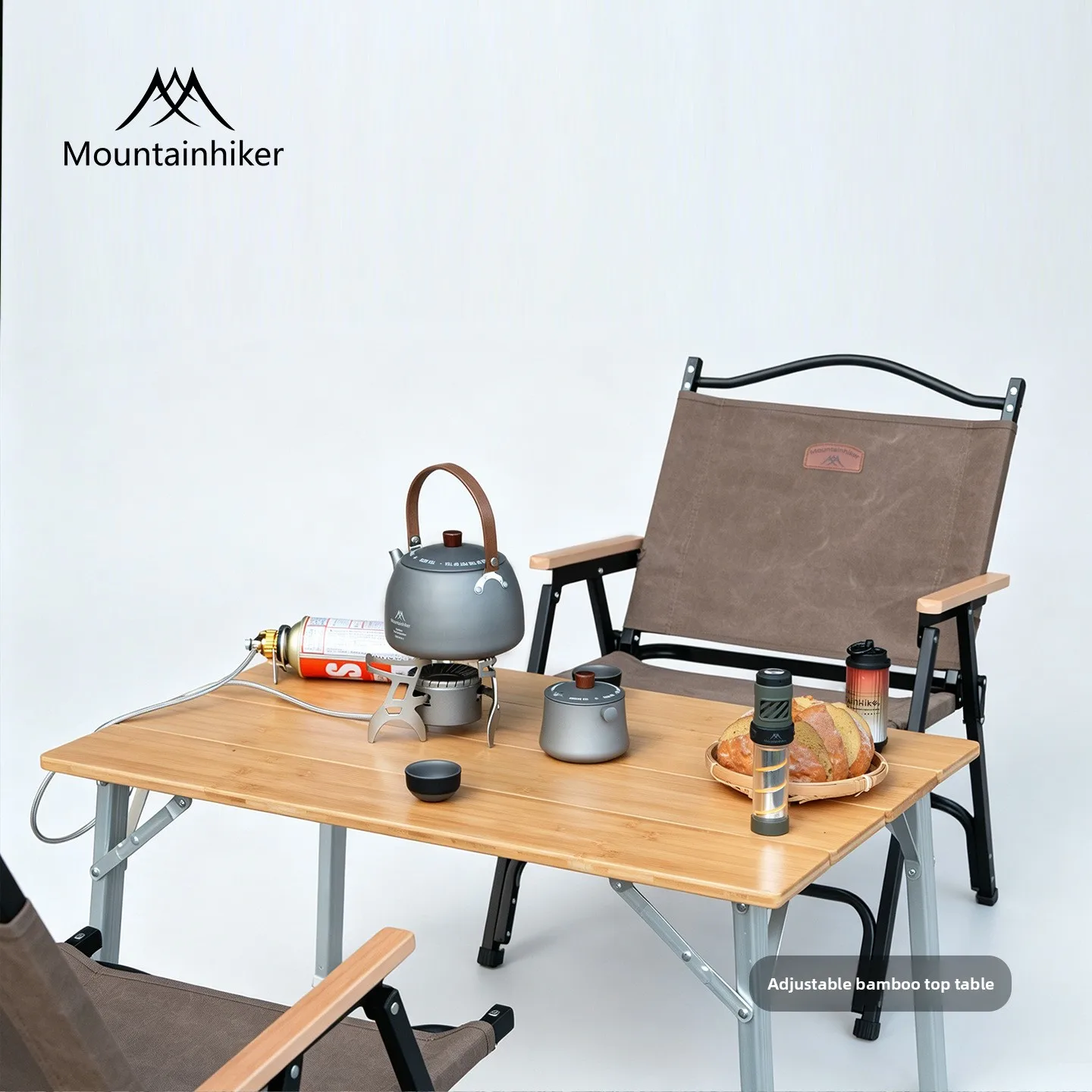 MOUNTAINHIKER 2026 New 4-Fold Bamboo Camping Table Adjustable Height Aluminum Frame Portable Foldable Picnic Desk with Carry Bag