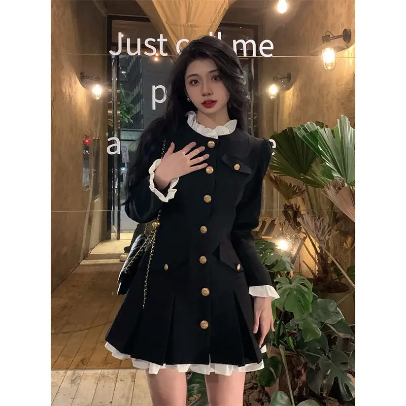 High End Small Fragrant Style Suit Dress Petite and Stylish Waist Cinching Hepburn Style Black Dress