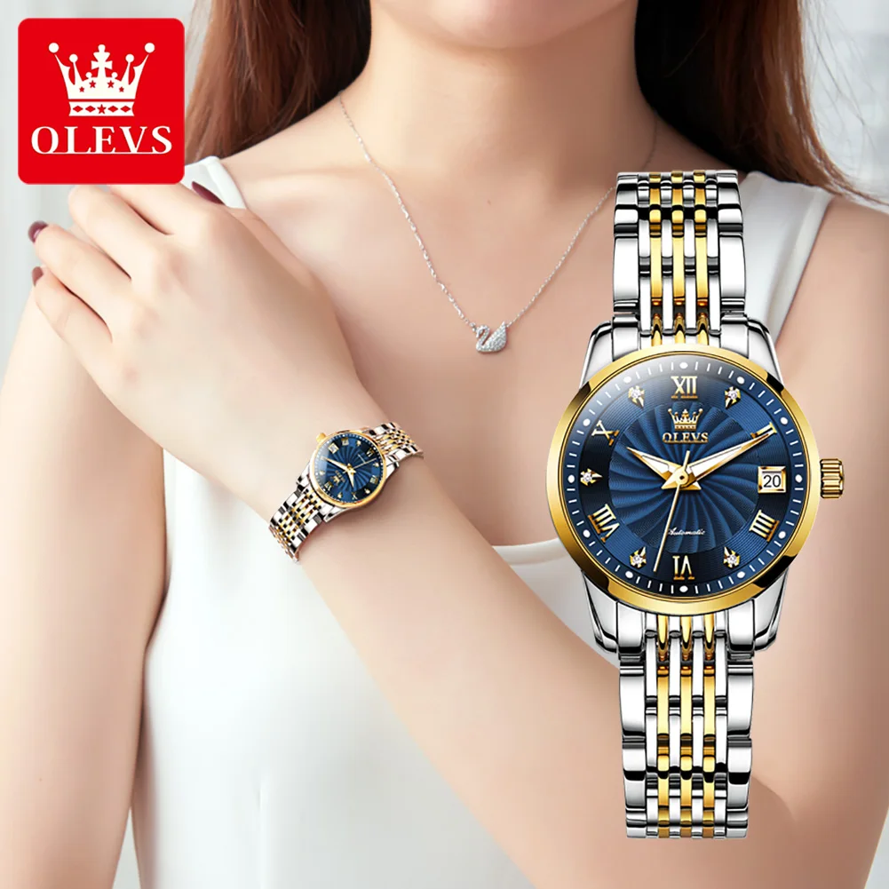 OLEVS 6630 Business Stainless Steel Women's Automatic Mechanical Watch Luxury Waterproof Self-winding Wrist Watch for Ladies