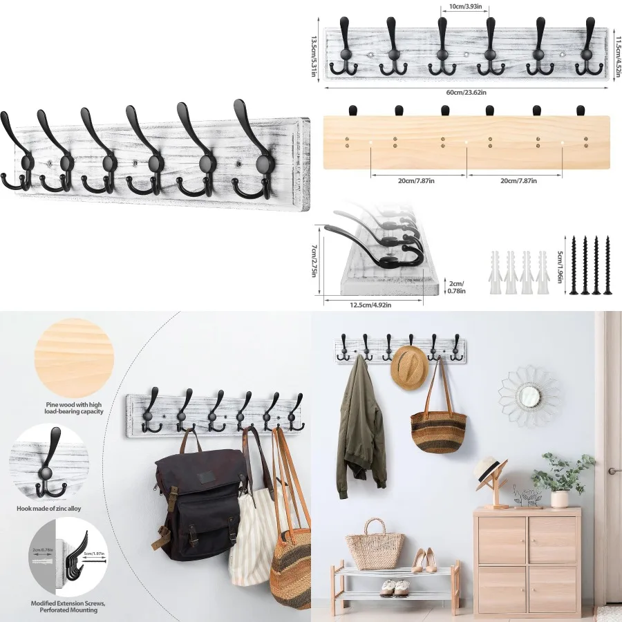 

Heavy duty wall mount wooden coat rack with 6 triple hooks for efficient hanging of coats jackets hats and clothes in entryways