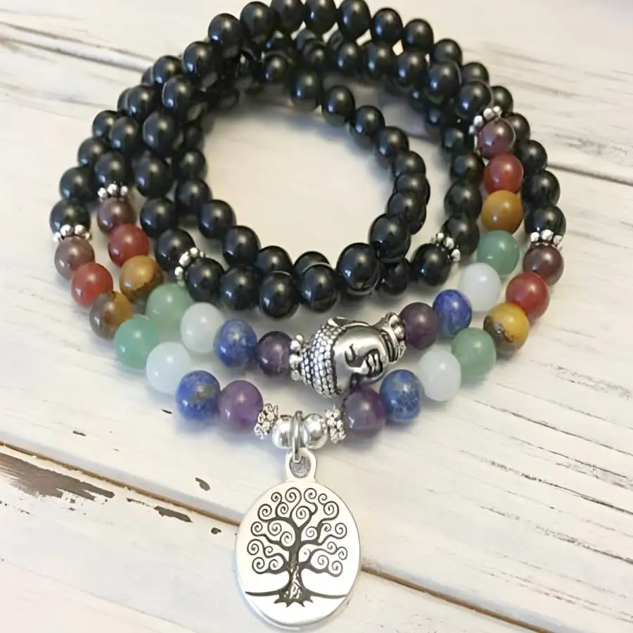 

8mm Black Onyx 7 color stones Gemstone 108 Beads Mala Bracelet Yoga Hand Chakra Spiritual zazen Bodhi Natural stone Gemstone Zen