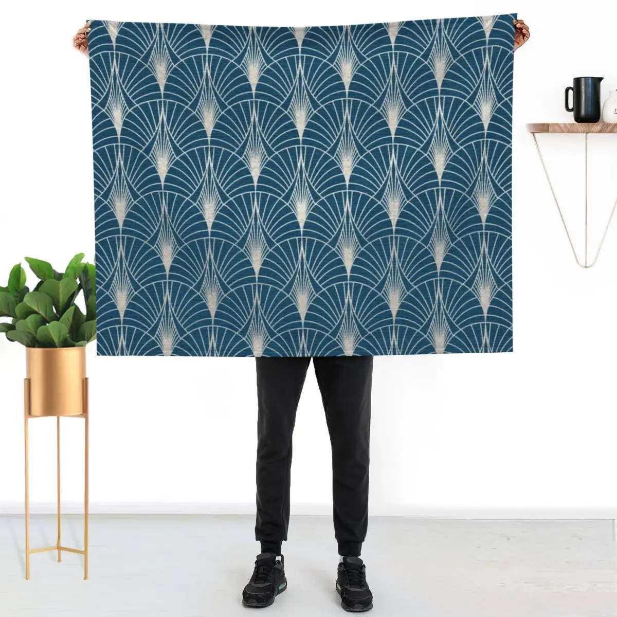 

(Faux) Turquoise and (Faux) Silver Art Deco Pattern Throw Blanket Machine Washable Soft Warm Blanket