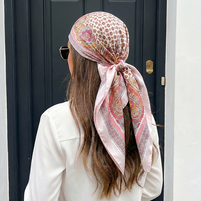 

Luxury Satin Square Scarf Classic Paisley Dot Bandana Soft Hijab for Women Travel Vacation Beach Head Neck Wrap Hair Accessory
