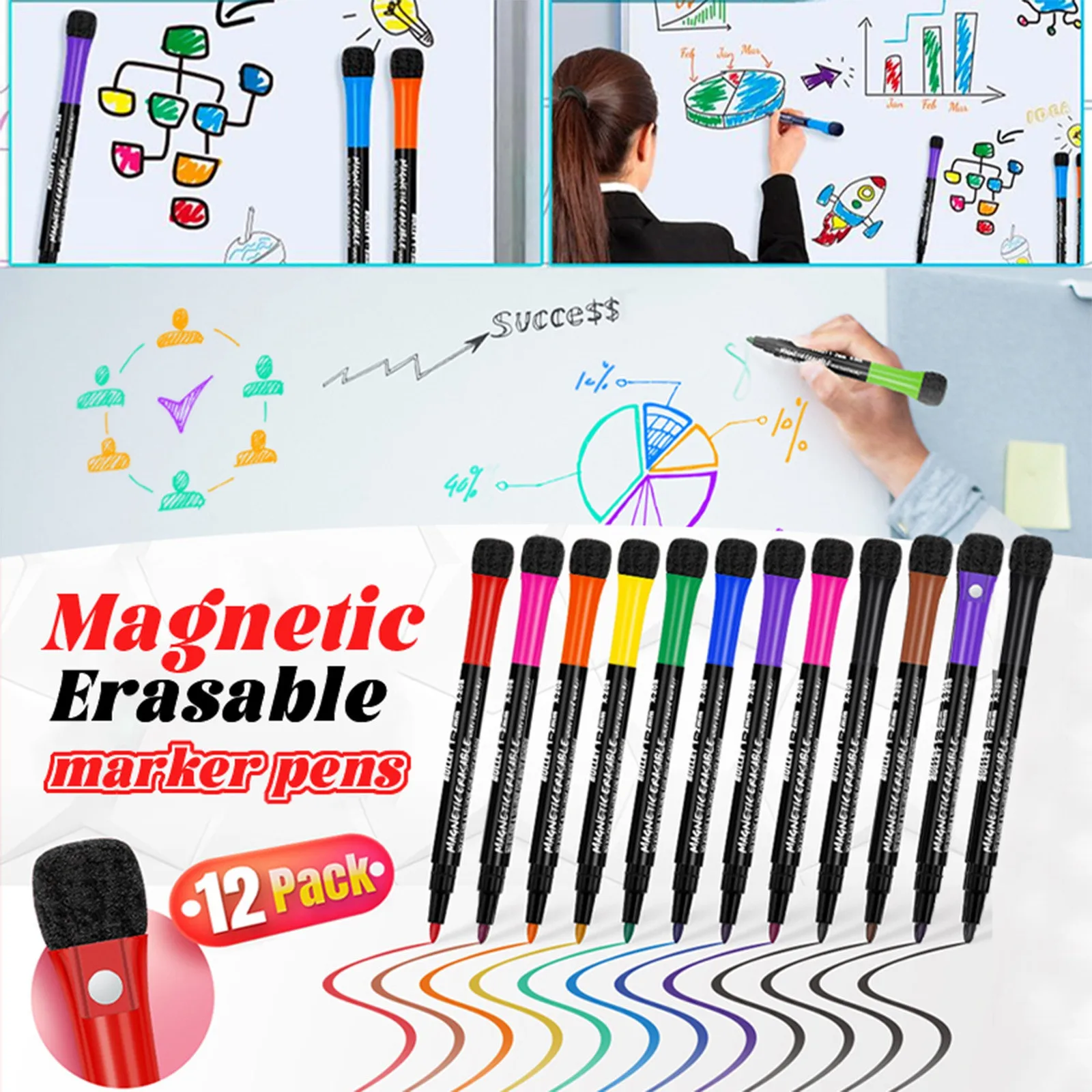12Colors School Classroom Whiteboard Pen Dry White Board Markers Built In Eraser Student Children's Drawing Pen Stationery