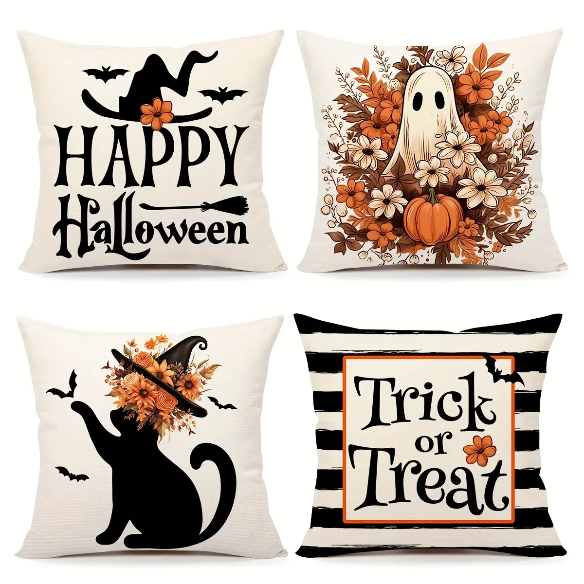 

4Pcs Halloween Pillow Covers - Stripe Flower Cat Ghost Print Cushion Covers for Sofa/Bedroom/Living Room/Cottage