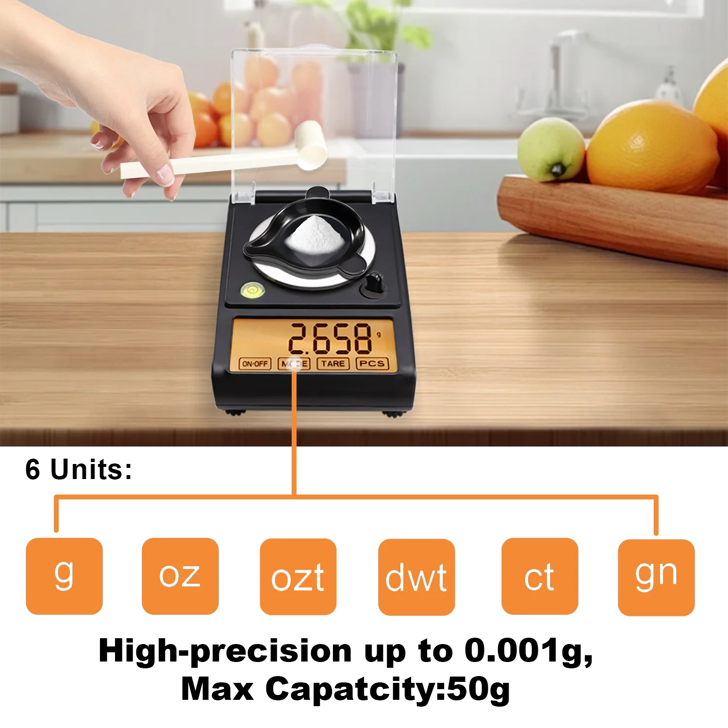 50g 0.001g LCD Touch Digital Milligram Scale  Jewelry Gold Lab Scales  with 6 Units, Tare Weights, Calibration Weights