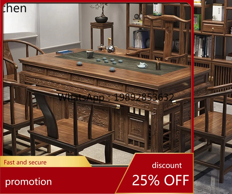 

HT Solid Wood Antique Tea Table and Chair Set for Home Office Full Set Integrated New Chinese Style Kung Fu T Brewing Table
