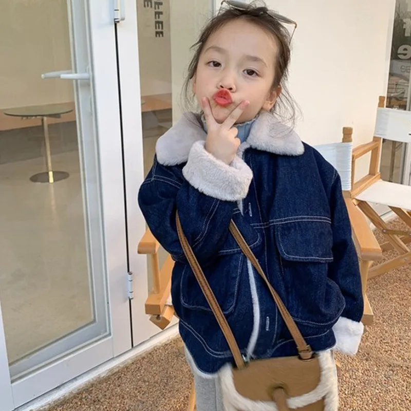 الخريف الشتاء الفتيات الدنيم سترة الدفء معطف لون نقي التلبيب القمم موضة جديدة 7 إلى 12 سنة ملابس الأطفال مريحة #1