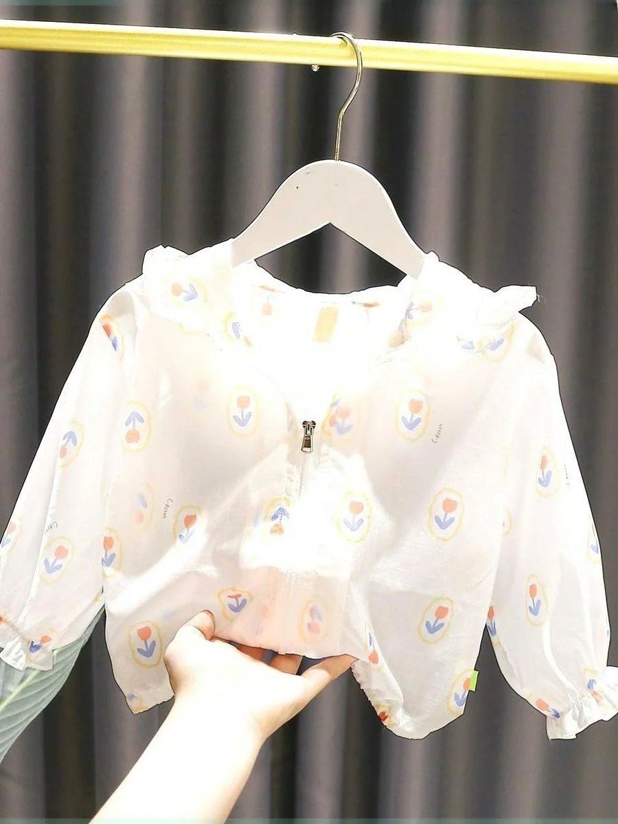 

Летняя легкая одежда с капюшоном для защиты от солнца для девочек, тонкая, для кондиционирования воздуха, для малышей и младенцев, мягкий шелковый топ