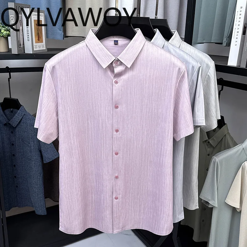 QYLVAWOY Men's Shirts New Summer Tops Short Sleeves Shirts for Man Lapel Shirts Anti-wrinkle Camisas Masculina Business Casual