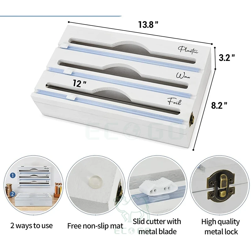Plastic Wrap Dispenser With Slide Cutter,3 in 1 Plastic Wrap Organizer for Drawer Wood Roll Organizer Holder