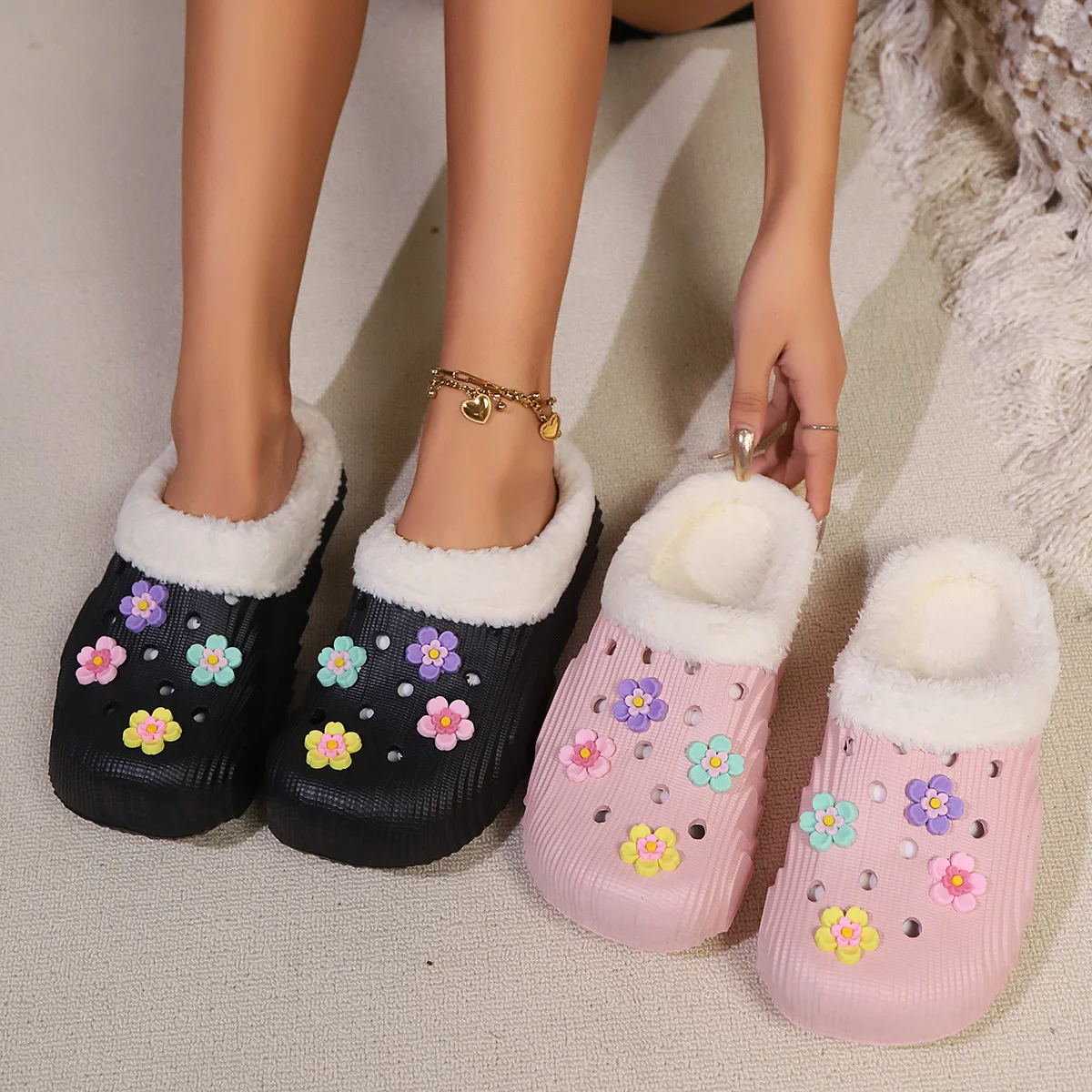 

Women's Winter Diy Hole-Punched Plush Warm Slippers Rabbit Flower and Butterfly Buckles for Indoor Walking and Casual Daily Wear
