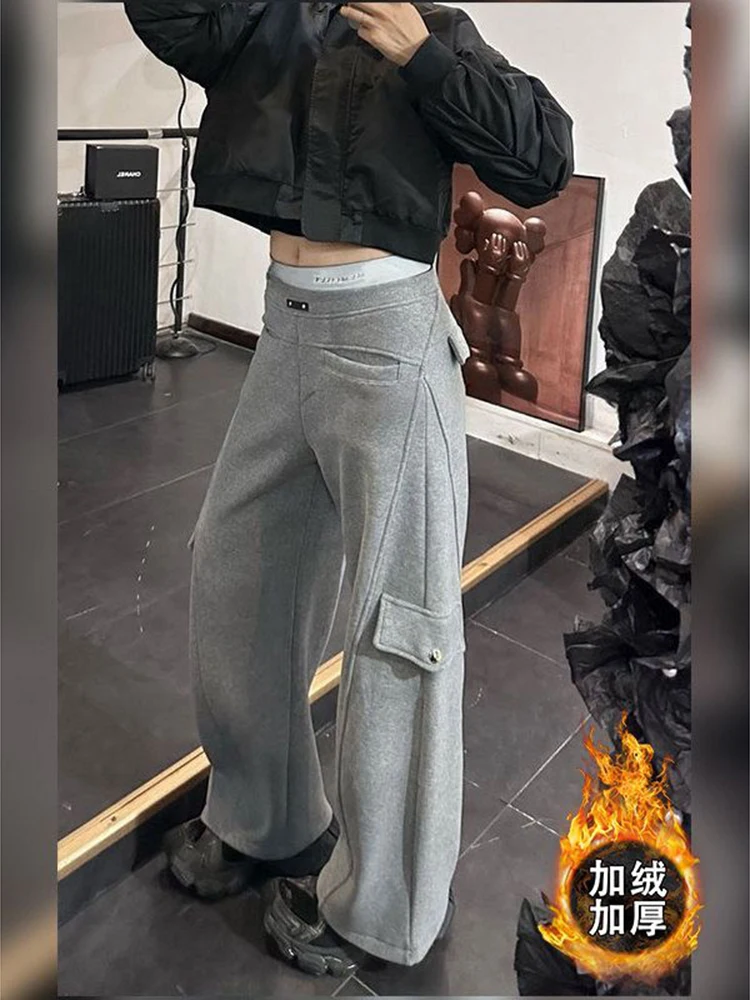 2025 Winter new gray thick wide leg workwear pants women lazy style multiple pockets loose casual fashion versatile pants
