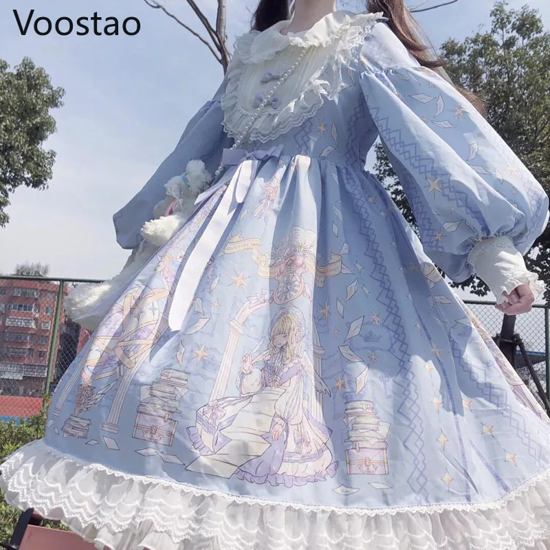 Japanese Spring Summer sweet Lolita Dress Women Kawaii Victorian Tea Party Long Sleeves Lace Gothic Girls Lolita Dresses Cosplay