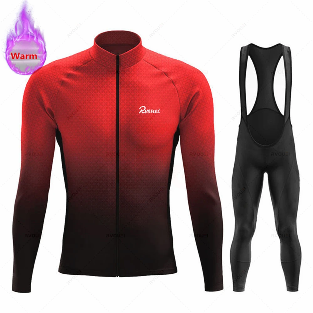 Warm Winter Thermal Fleece Cycling Clothes Rvouei Men Jersey Suit Outdoor Bike MTB Clothing Bib Pants Set Ropa Maillot Ciclismo