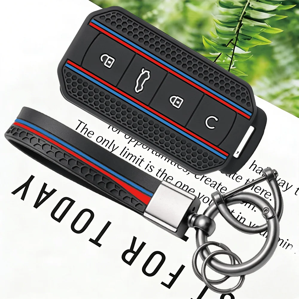 Auto Key Fob Protective Shell With Keychain Honeycomb Red Blue Vertical Line For Chery Jaecoo J5 2025 2026 Silicone Cover