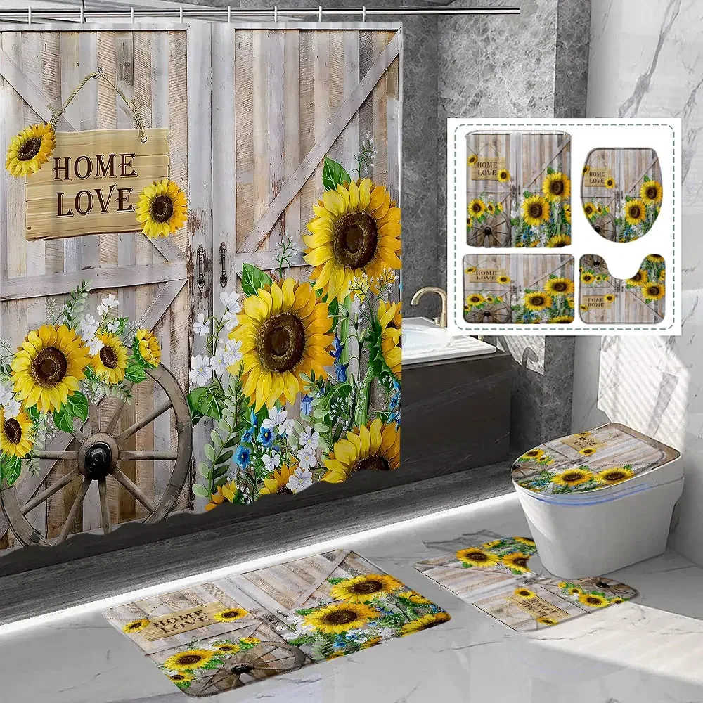 

Beautiful Planked Sunflower Shower Curtain and Bath Mat for Bathroom Set Rustic Floral Sunflower Shower Curtains Bathtub Decor