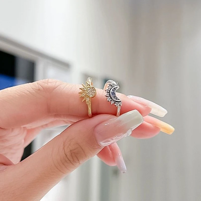 Fashion Sun and Moon Opening Adjustable Finger Ring for Women Simple Daily Overlapping Wear Couple Jewelry