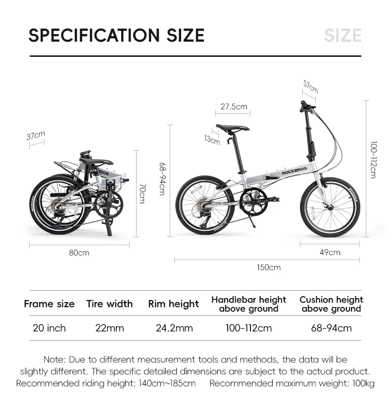 ROCKBROS 20 inch Folding Bike with Shimano 8-speed Aluminium Alloy Frame V Brake Lightweight Adult Unisex Adjustable Bike