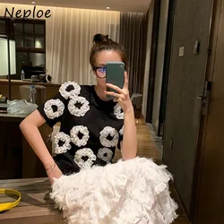 Neploe 2024 Summer New Slim Fit T-shirts Korean Chic O-neck 3d Flower Tops Women Y2k Grunge Mid-length Black Tee Shirt