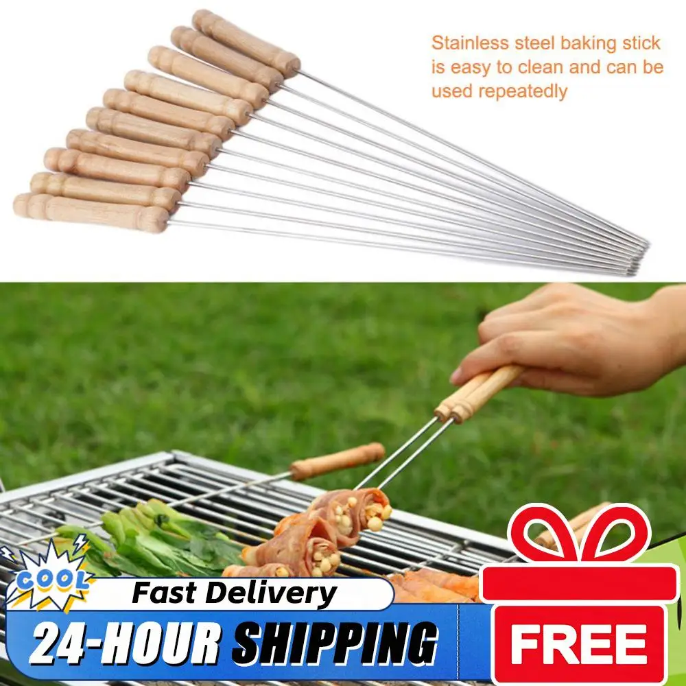 10Pcs Kabob Skewers Stainless Steel 8 Inch Shish Kebob Sticks Reusable with Wooden Handle for Meat Shrimp Chicken Vegetable