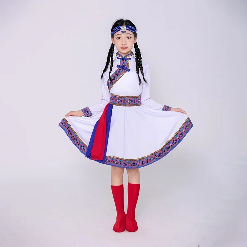 New children Mongolian costume chopsticks white horse dance performance costume top bowl dance national dance dress girl