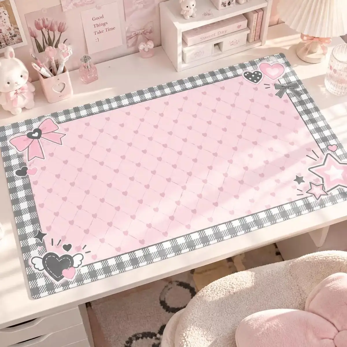 PU Leather Desk Pad Mouse Protector Polka Dot Grey Pink Star Grid Mouse Pad Home Office Desk Mat Waterproof Non-Slip Laptop Mat