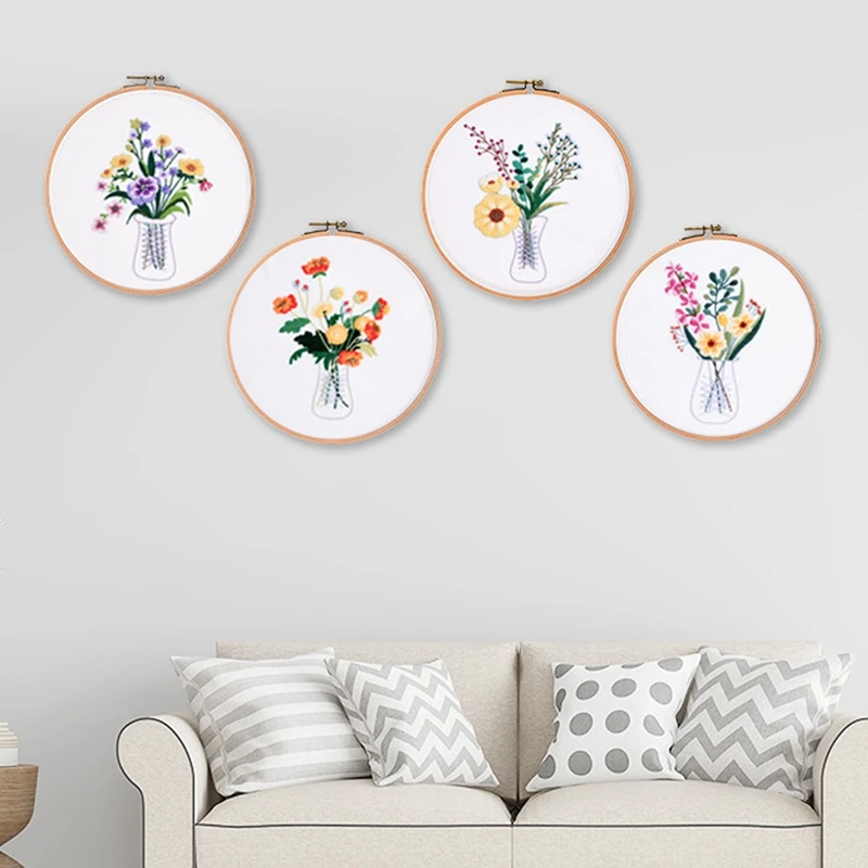 Embroidery Starters Kit With Pattern For Beginners,4Pack Cross Stitch Kits,4 Embroidery Hoops,Needlepoint Kit For Adults